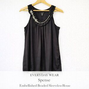 Spense Black Embellished Beaded Neck Sleeveless Blouse Top Pleated Size L